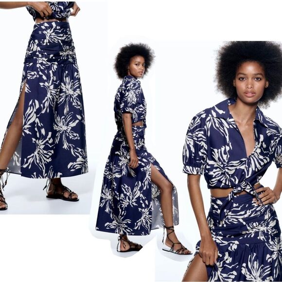 Zara navy long printed high waisted pleated side slit skirt Sz M NWT - Picture 2 of 9